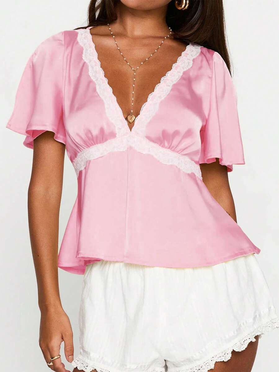 Womens Silk Satin V Neck Short Sleeve Tops Lace Patchwork Peplum Blouses Summer Basic Tank Shirt - Hồng - Xem 1