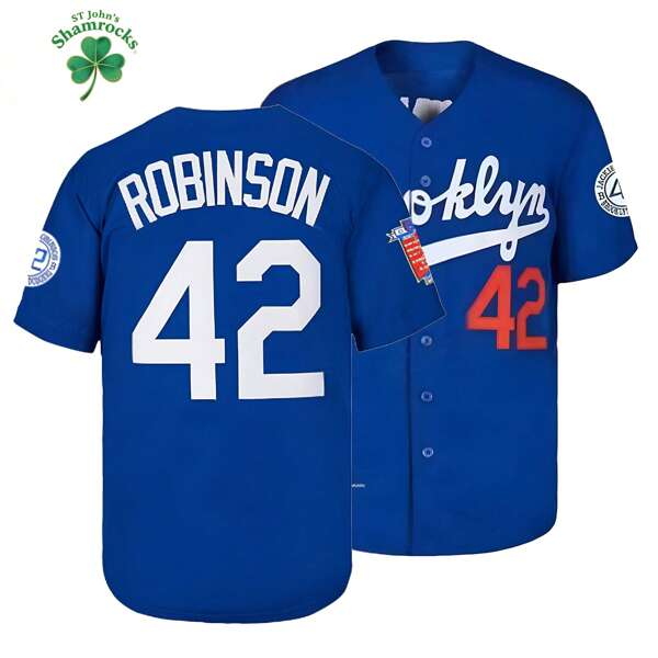 Shamrocks Jackie Robinson #42 Legend Men Jersey Retro Short Sleeves Button Down Baseball Jerseys Blue Retro Sports Style, Loose Front Buckle, Suitable For Baseball And Casual Themed Activities - XS-3XL Size