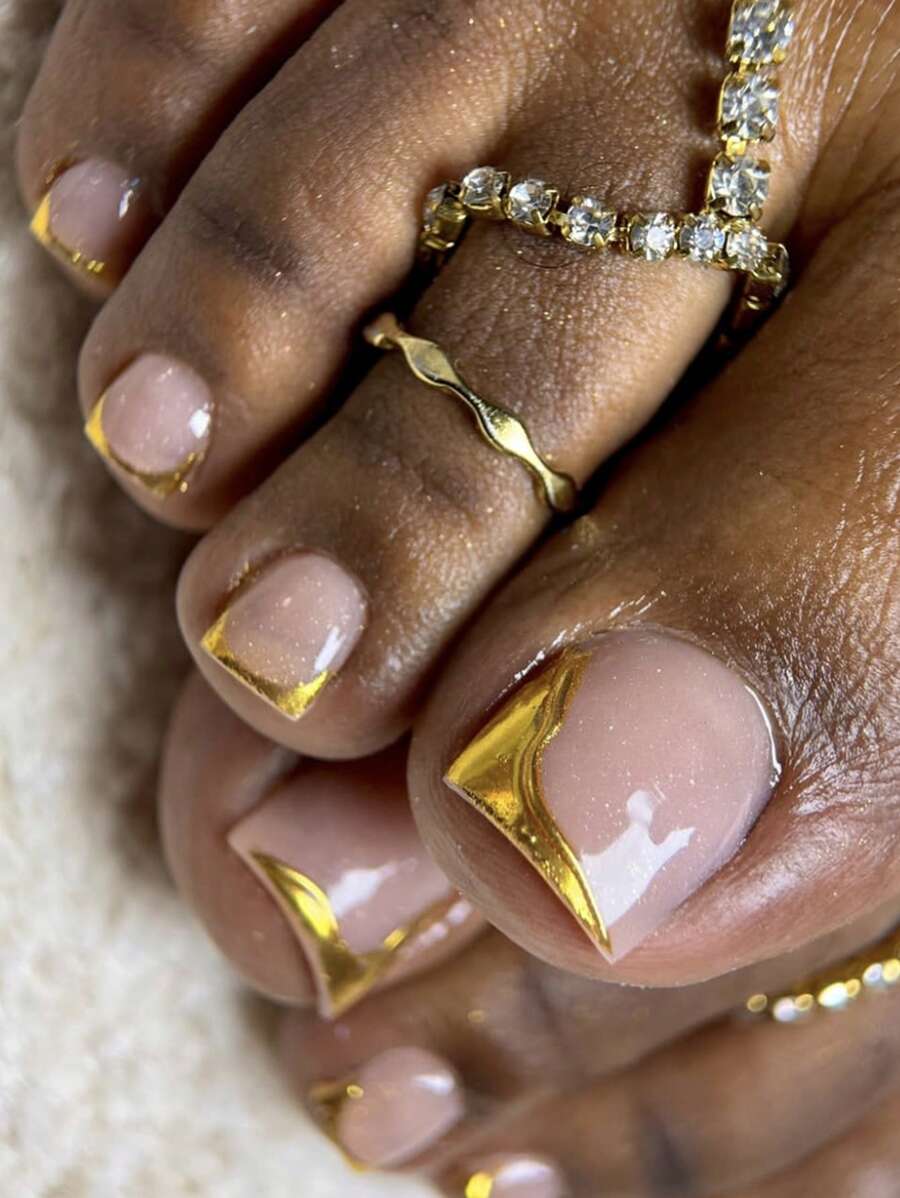 24件短方形金箔浮雕法式美甲套装，3D欧美设计，适合派对、舞会、日常佩戴 - 彩色 - 查看 1