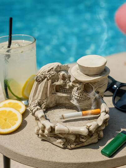 Skull Lovers & Triple Skull Resin Ashtrays – Gothic Couple Kissing Skeleton Tray + 3‑Skull Bowl For Coffee Corner, Pool Party, Labor Day BBQ, Halloween Decor & Gift