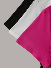 3pcs  set pack conjunto camiseta casual de mujer de unicolor, cuello redondo, manga corta, versátil - Rosa Fucsia - Ver 3