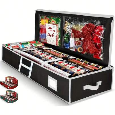 大容量床底纸质收纳盒 - 可容纳 24 卷，耐用的塑料储物容器，带衬里口袋，适用于圣诞礼物和节日装饰，节日收纳 | 时尚黑色收纳盒 | 耐用的塑料收纳，纸质收纳，礼品包装收纳