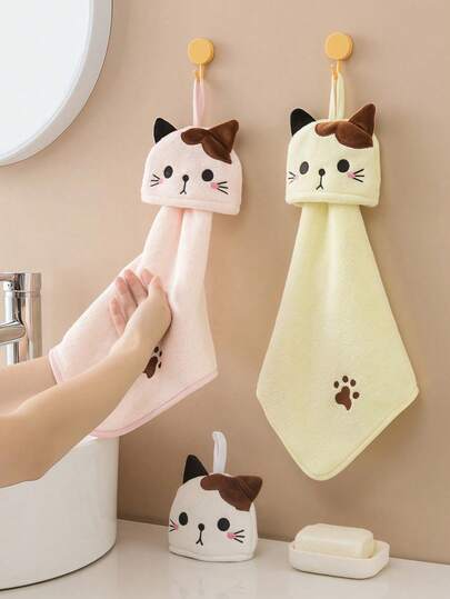3 piezas Toallas con patrón de gato de dibujos animados - Toallas de bolsillo de felpa de coral suave, adecuadas para el baño y la cocina - Altamente absorbentes, paño de limpieza de doble uso, decoración del baño del hogar, regalo de boda de verano, toallas de baño para la novia
