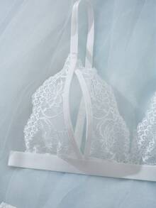 2 件花卉蕾丝内衣套装，开杯文胸和开裆丁字裤，性感女士内衣和睡衣套装 - 白色 - 查看 4