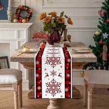 1pc/270pcs Christmas Table Runner, Black & Red Plaid Border Christmas Snowflake Design, Polyester Material, 35x181cm, Winter Christmas Home Party Gathering, Restaurant Living Room Table Centerpiece Decor, Indoor Outdoor Dining Table Center Decor, Room Decoration, Home Decor, Kitchen, Decorative Style, Kitchen Decor, Room Decor, Christmas Decoration, Living Room Decor