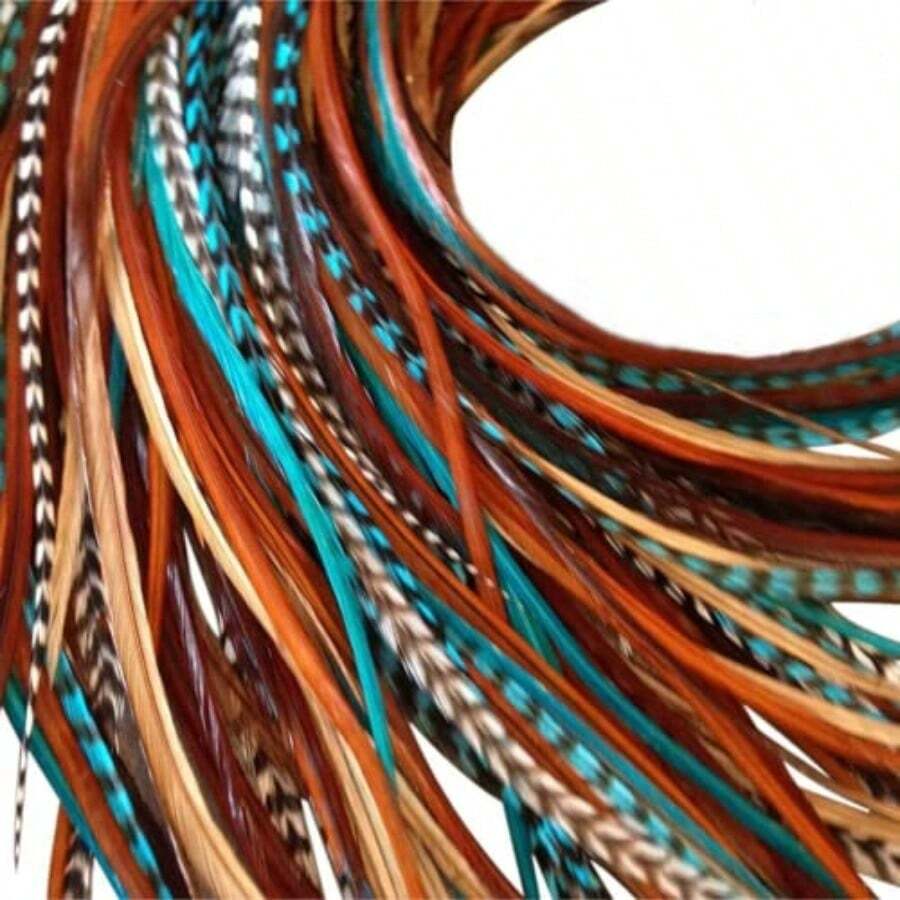 MHair Feathers Extensions Kit Long Real Rooster Feathers For Hair With DIY Microlink Beads And Loop Tool Western Turquoise Blue And Brown Naturals8001 - TurquoiseandNaturals - View 1