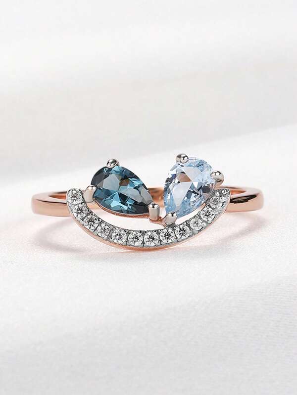 925 Silver Double Water Drop Blue Sapphire Rose Gold Ring, Romantic Curved Trajectory, Suitable For Daily Commute, Dates, Parties, Travel, Photography And Various Occasions