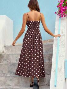 Womens Front Split Long Dress Sleeveless Spaghetti Strap Solid Color Dress Longline Cami Tops - Dark Brown - View 3