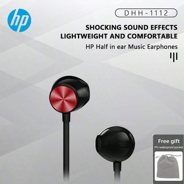 HP Écouteurs stéréo filaires intra-auriculaires HP avec graves puissants, noir, prise jack 3,5 mm, microphone anti-bruit, mains libres, musique, sport, jeux, comprend un sac de rangement étanche, modèle : DHH-1112