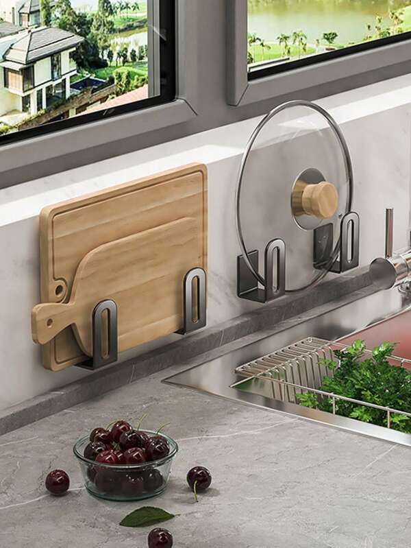 2 pièces Porte-couvercle de pot sans perçage, étagère multifonctionnelle de cuisine pour planche à découper, couvercle de casserole, salle de bain, balcon, étagère de rangement murale