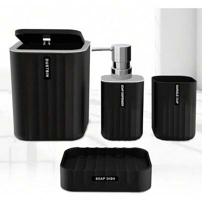 四件套浴室配件套装，包括台面垃圾桶、皂液器、牙刷架和牙刷杯，是台面装饰和乔迁礼物的理想之选，多种颜色可选。