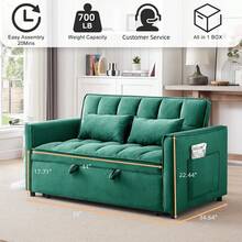 3 In 1 Convertible Sleeper Sofa Bed, Modern Velvet Loveseat Futon Couch W/Pullout Bed, Small Love Seat Lounge Sofa W/Reclining Backrest, Toss Pillows, Furniture For Living Room, GREEN - màu xanh lá - Xem 4