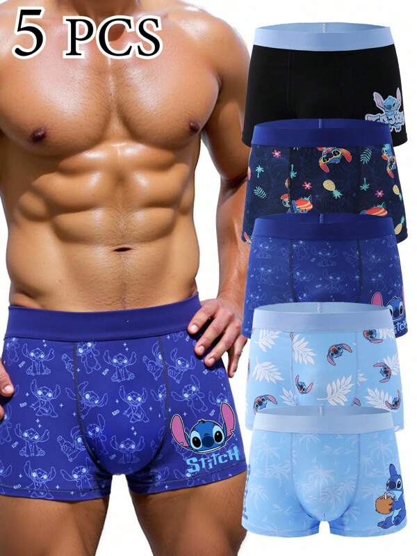 Disney 5pcs Disney Stitch Men's Briefs, Childhood Friend Stitch, Skin-Friendly Elastic Breathable Underwear, All Season