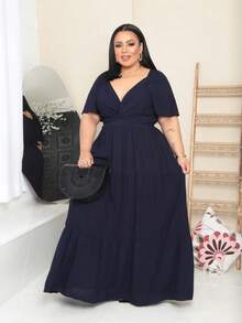 Women's Long Plus Size Dress With Wrap Around Front, Party Fashion - Navy Blue - View 1