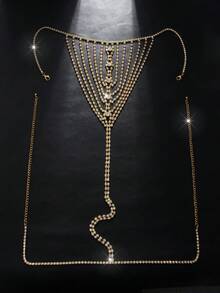 1pc Women's Summer Beach Sexy Tassel AB Rhinestone Decor Bikini Bra And Thong, Nightclub Party Body Chain Fashion Body Jewelry - Gold - View 6