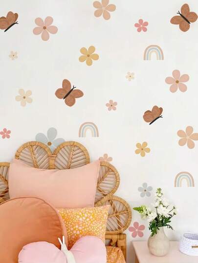 1 Stück Wandaufkleber im Boho-Stil mit Aquarellblumen, Regenbogen und Schmetterlingen, geeignet für Zimmer, Wohnzimmer Dekoration, Tapete, Heimdekoration
