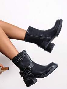 Stylish Classic Chunky Heel Ankle Boots - Black - View 4