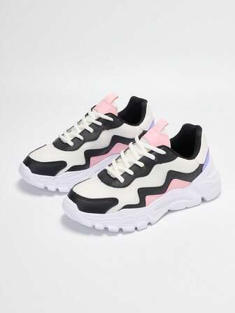 Etichino 女式白色和粉色网眼拼布低帮运动鞋，城市通勤和户外休闲，透气舒适鞋面，厚底，学生鞋，轻便百搭休闲鞋，节日礼物