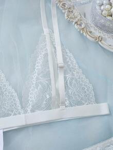 2 件花卉蕾丝内衣套装，开杯文胸和开裆丁字裤，性感女士内衣和睡衣套装 - 白色 - 查看 6