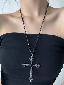1pc Ascension Day Cross Crystal Beaded Necklace, Black Metal Material With Zirconia Inlaid, Goth Style Suitable For Women Daily Wear - màu đen - Xem 8