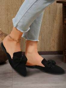 Zapatos planos casuales sin cordones con lazo puntiagudo de color sólido para mujer, suaves y cómodos, adecuados para primavera, verano y otoño. - Negro - Ver 3