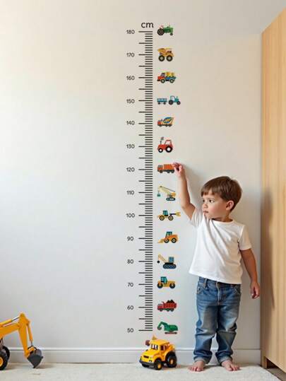 1pc Construction Truck Growth Chart Wall Decal - Removable Kids Room Decor, Height Measurement Sticker For Nursery & Toddler Boys, Self-Adhesive Educational Car Theme Decals