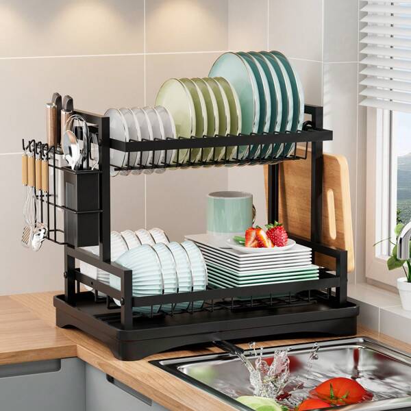 1pc 2-Tier Dish Drying Rack For Storing Plates, Utensils, Cutting Boards And Chopsticks, Kitchen Storage Organizer