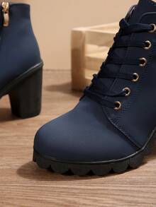 1 đôi bốt cổ ngắn unisex màu trơn, thời trang, năng động, thích hợp đi làm, hoạt động ngoài trời, có khóa kéo và khóa cài bên hông, bốt cao gót nữ, phù hợp cho kỳ nghỉ, tiệc tùng, hoạt động ngoài trời, mọi mùa, bốt cao gót đế dày chống thấm nước, màu đen - Màu xanh hải quân - Xem 8