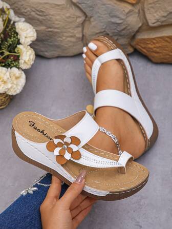 Women's White Summer Outdoor Slip-On Thong Sandals, Fashionable Bling Rhinestone, Floral Decor, Handmade Stitched Thick Sole, Lightweight Stylish Comfortable Elegant Platform Wedge Waterproof Flip Flops