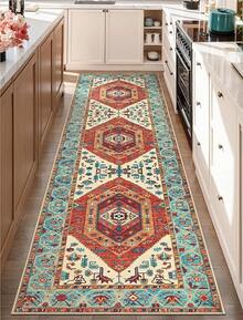 Runner Rug Hallways, 2'6x10' Washable Non Slip Kitchen Runner Rug, Long Boho Vintage Rust Hallway Stair Ultra Soft Print Floor Carpet Bedroom Bathroom Laundry Room, Home Decor - Orange/Multi - View 2