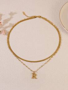 1pc Minimalist Stainless Steel Double Layer Necklace With Uppercase Letter Pendant, Suitable For Women's Daily Wear Or As A Gift For Friends - Yellow Gold - View 20