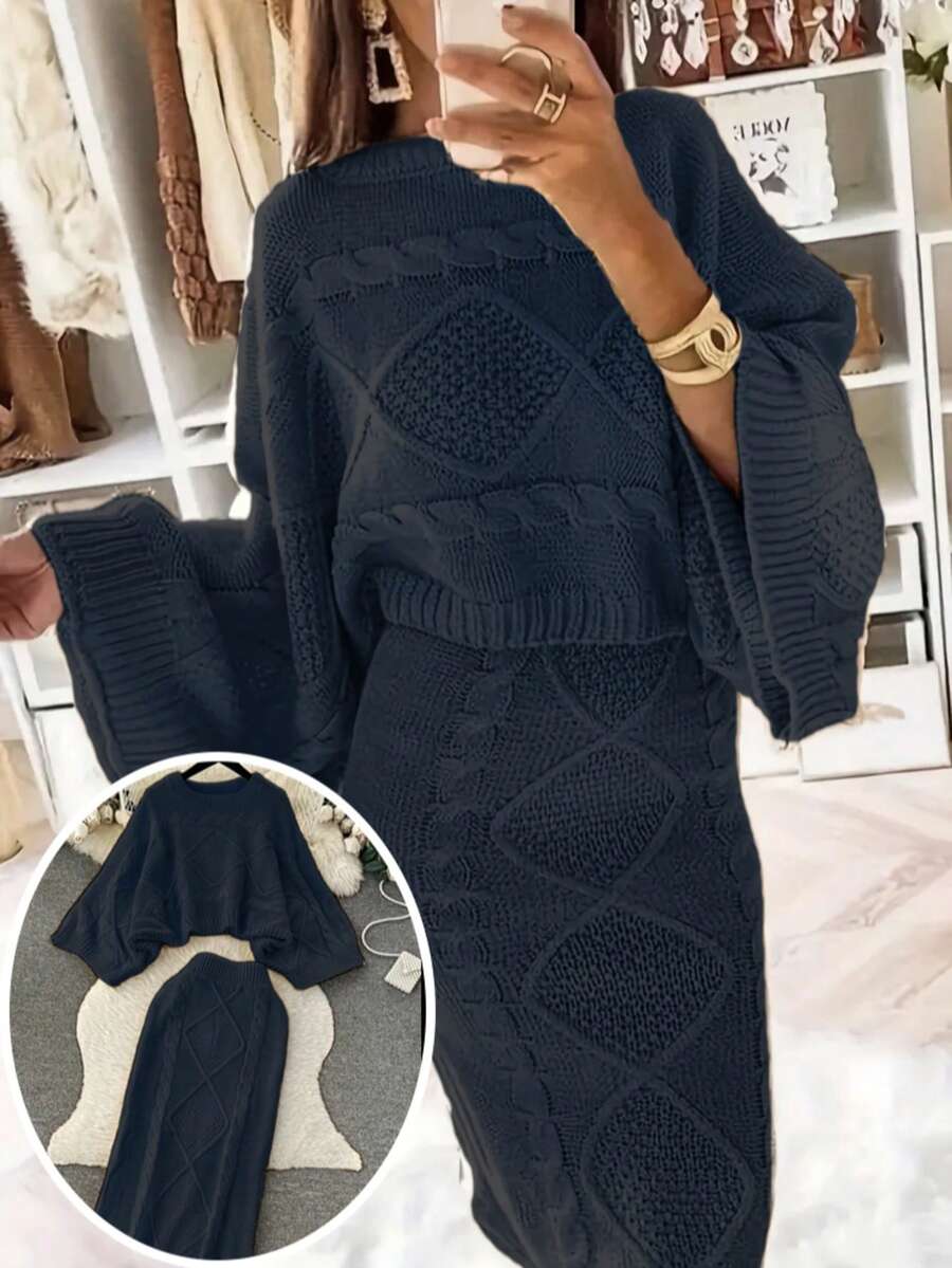 Plus Size Casual Solid Color Batwing Sleeve Sweater And Knit Skirt Set, Autumn/Winter - Royal Blue - View 1