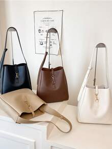 Women's Casual Crossbody Bucket Bag - Solid Color, Dual-Layer PU Material Handbag, Magnetic Closure, Adjustable Shoulder Strap Shoulder Bag - Lightweight Design, Suitable For Commuting, Leisure And Dating, Minimalist Style, Versatile Use - Multicolor - View 2