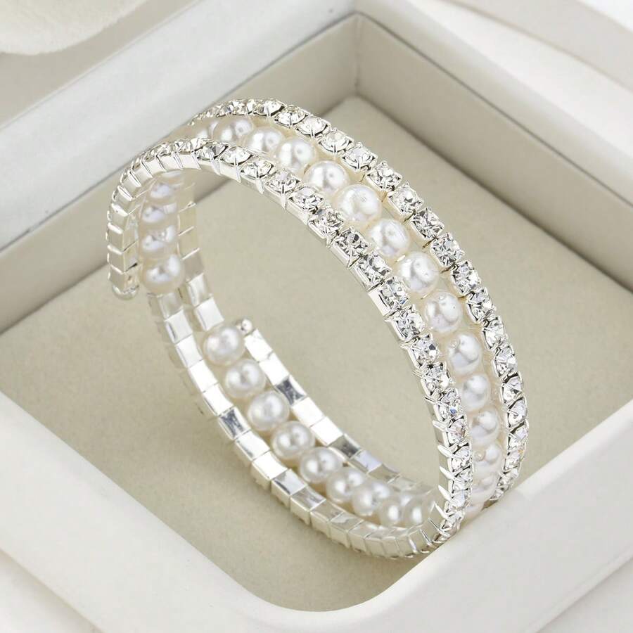 1 pièce Bracelet élégant et créatif de luxe avec faux perles et cristaux. Accessoire de bijouterie de mode pour femmes - Argent - Voir 1