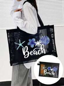 1pc/2pcs Set Breathable Beach Mesh Tote Bag, Beach Vacation Patchwork Design, Ocean, Starfish, Pearl Print & Letter Pattern, Large Capacity Mesh Tote Bag, Multifunctional Large Capacity Polyester Mesh Shoulder Tote Bag And Cosmetic Bag Set - Beach Vacation Storage & Shopping - Suitable For Teenage Girls And Women - Black - View 15