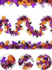 Decoraciones de Halloween, Guirnalda de Halloween de 2 metros con calabaza naranja, araña negra y murciélago morado, guirnalda de metal brillante retorcida para decoración del hogar, árbol, interior, exterior, fiestas, decoración de otoño