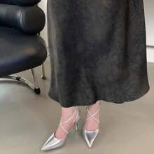 8.5cm Heel Pointed Toe Crystal Metallic Sandals - For Everyday And Parties - Plateado - Ver 3