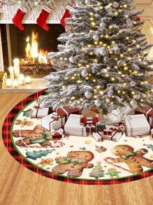 Fustă de brad de Crăciun, model drăguț cu omuleț de turtă dulce și garnitură în carouri roșii, pânză decorativă pentru brad de Crăciun, decor pentru casă pentru petrecerea de Crăciun