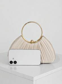 Elegante clutch da sera in raso plissettato a forma di scatola, borsa da abito formale con manico in metallo, adatta per abbinare abiti da ballo, festa, matrimonio, sposa, damigella, abito da compleanno, borsa color champagne