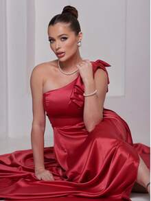 Long Dress For Bridesmaid – One Shoulder With Ruffle And Slit Elegant Simple Elegant Party Satin Side Opening Zipper Pleated Bridesmaid Civil Wedding Debutante Graduate Formal And Evening - 珊瑚粉 - 查看 7