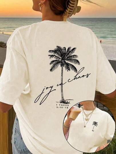 夏季女式常规尺码字母棕榈树图案圆领短袖休闲T恤