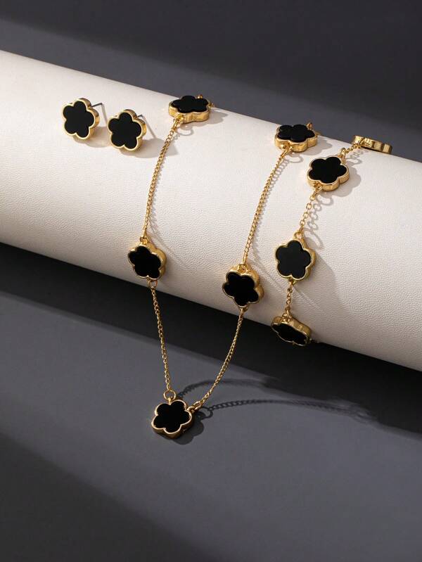 1 Set Classic Elegant Metal-Inlaid Four-Leaf Flower Jewelry Set, Suitable For Commuting/Dating For Women