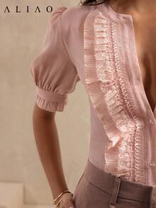 Aliao Exquisite Lace Trim See-Through Tulle Stand Collar Ruffled Elegant Puff Sleeve Blouse, Old Money - Pink - View 2
