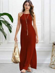 Vestido largo de tirantes con abertura en pierna casual para mujer - Naranja Quemada - Ver 3