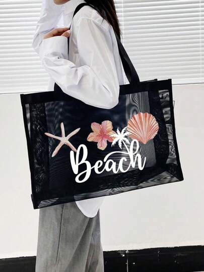 1件/2件套透气沙滩网眼手提包，沙滩度假拼接设计，海洋、海星、珍珠印花和字母图案，大容量网眼手提包，多功能大容量涤纶网眼单肩手提包和化妆包套装 - 沙滩度假收纳购物 - 适合青少年女孩和女性