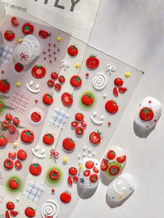 1 张中国风番茄果冻美甲贴纸冰透明光泽自粘指甲装饰可爱红番茄和绿叶设计适用于美甲日常修脚配件异想天开的装饰