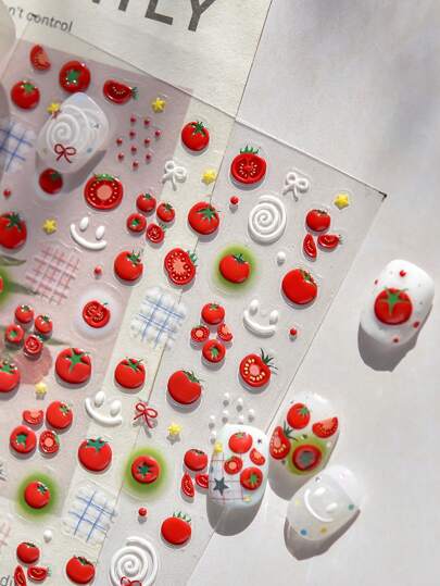 1 Sheet Chinese Style Tomato Jelly Nail Art Stickers Ice-Clear Glossy Self-Adhesive Nail Decorations Cute Red Tomato & Green Leaf Design For Manicure Everyday Pedicure Accessories Whimsical Decor