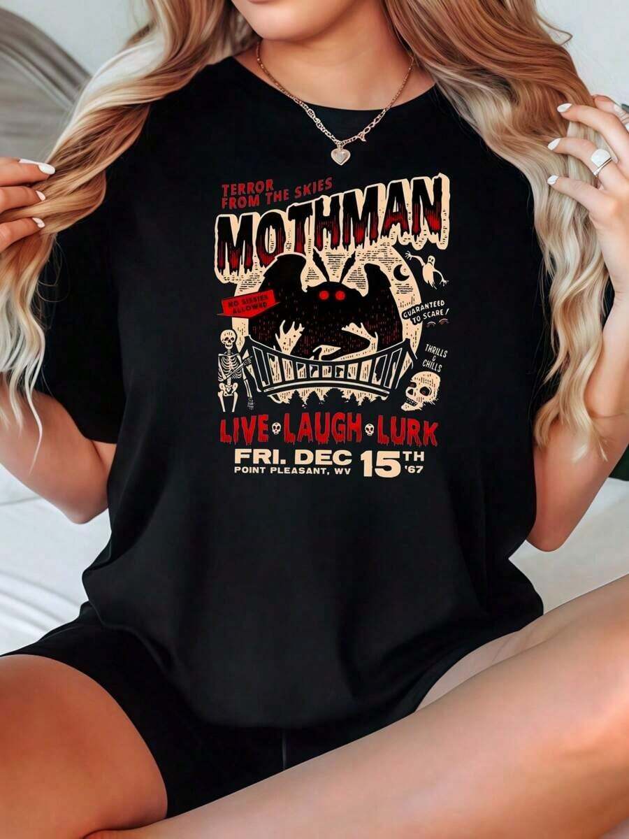 Women's T-Shirt Crew Neck Black Mothman Live Laugh Lurk Graphic Print Casual Daily Wear Graphics Woman T Shirts,Women Cotton Black Graphic Shirt White Tees Funny Tee Vintage T Shirts Clothes Tops - 黑色 - 查看 1