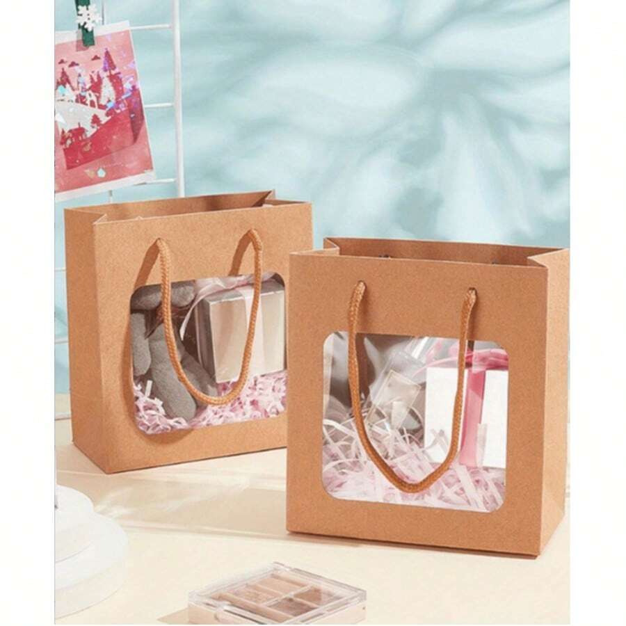 10个带窗口牛皮纸礼品袋，花店风格透明展示袋，珠宝手工包装材料，周年纪念礼品袋，DIY婚礼派对袋 - 彩色 - 查看 1