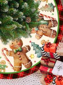 Fustă de brad de Crăciun, model drăguț cu omuleț de turtă dulce și garnitură în carouri roșii, pânză decorativă pentru brad de Crăciun, decor pentru casă pentru petrecerea de Crăciun